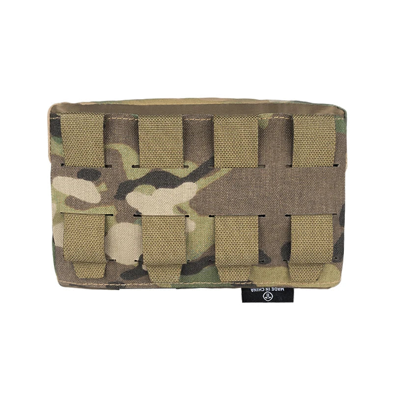 Camouflage pouch with multiple MOLLE straps on a white background.