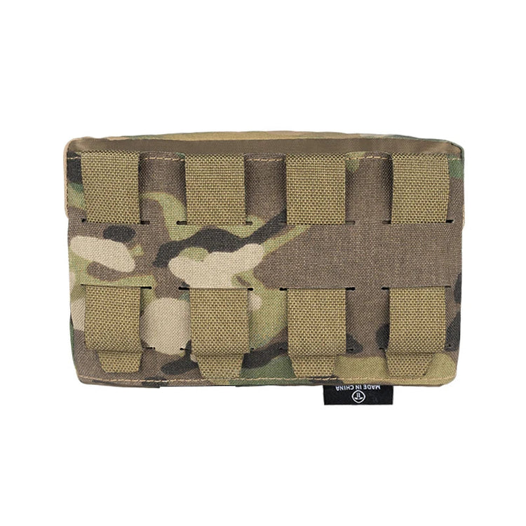 Camouflage pouch with multiple MOLLE straps on a white background.