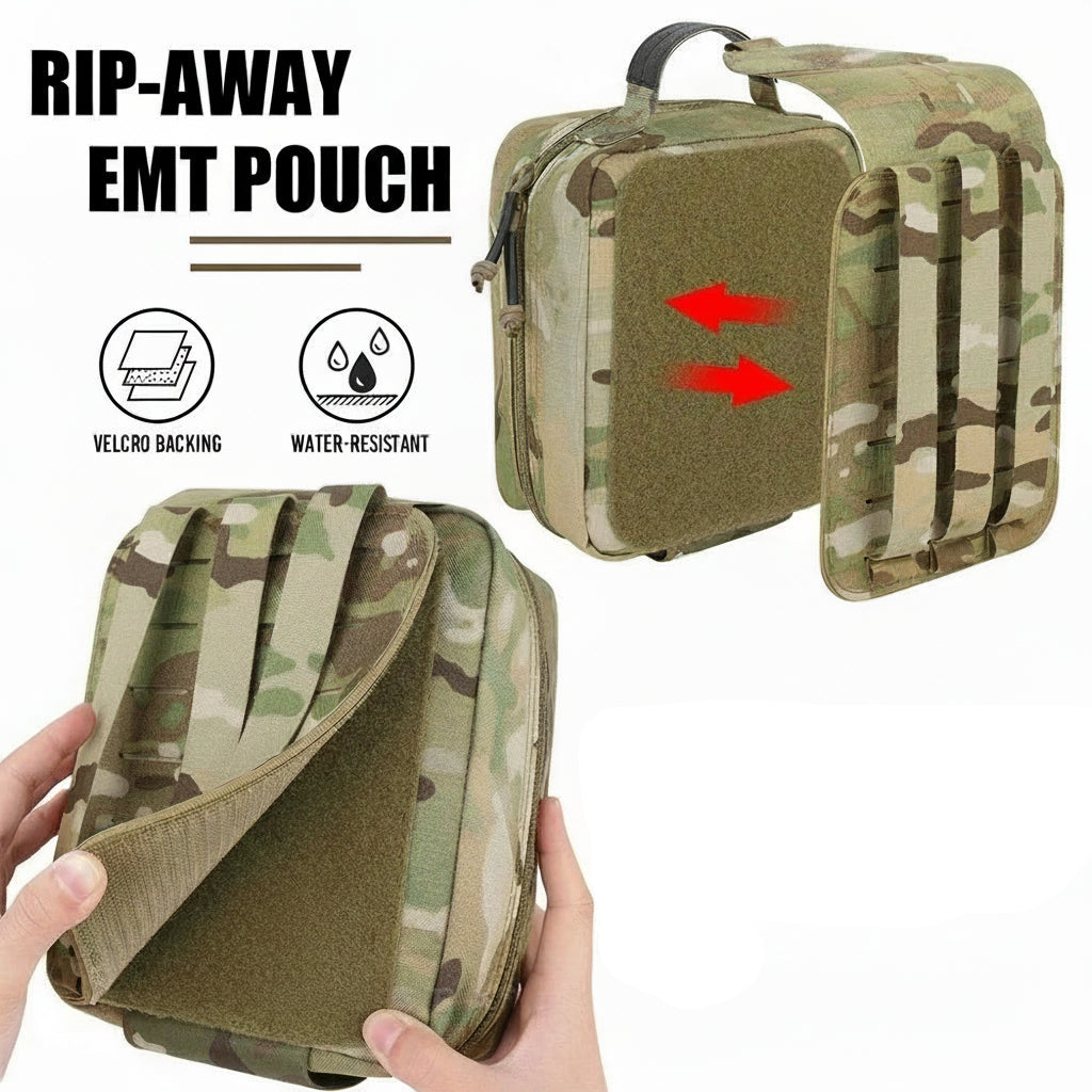 Camouflage EMT pouch with text highlighting features on a white background