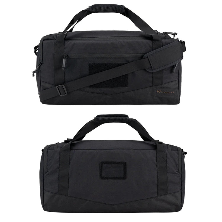 Black duffel bag with shoulder strap on a white background