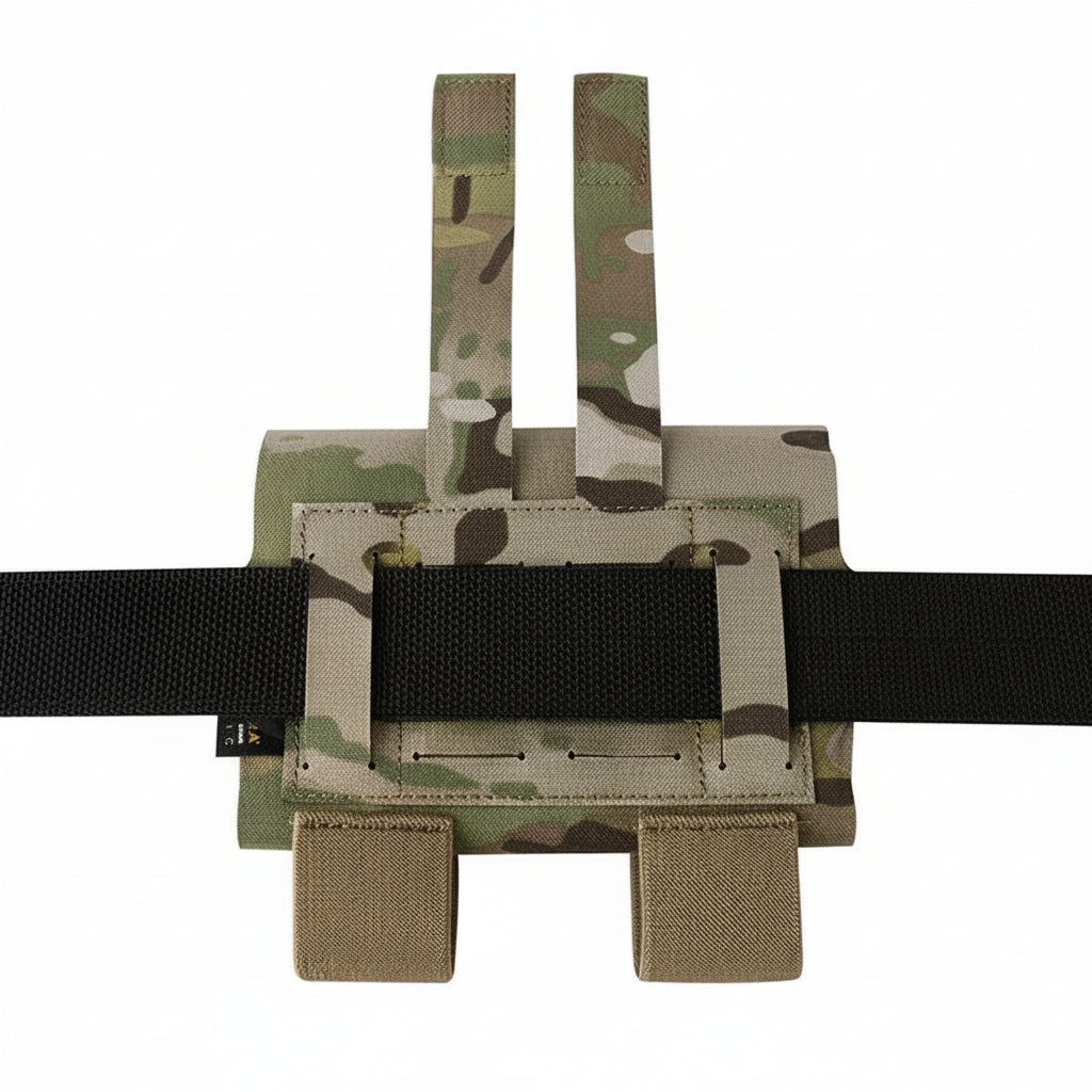 Camouflage magazine pouch with a black belt on a white background