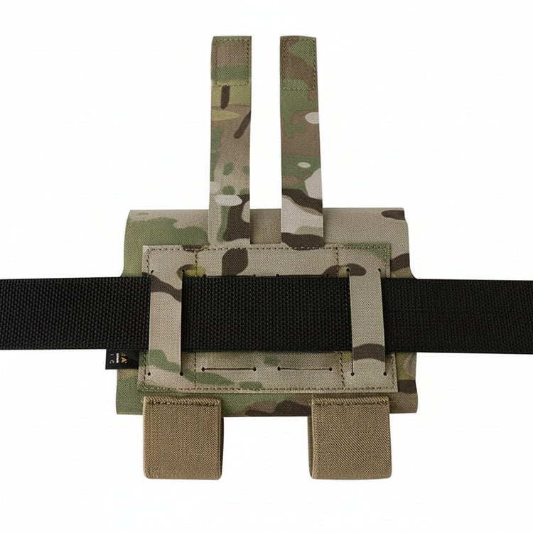 Camouflage magazine pouch with a black belt on a white background