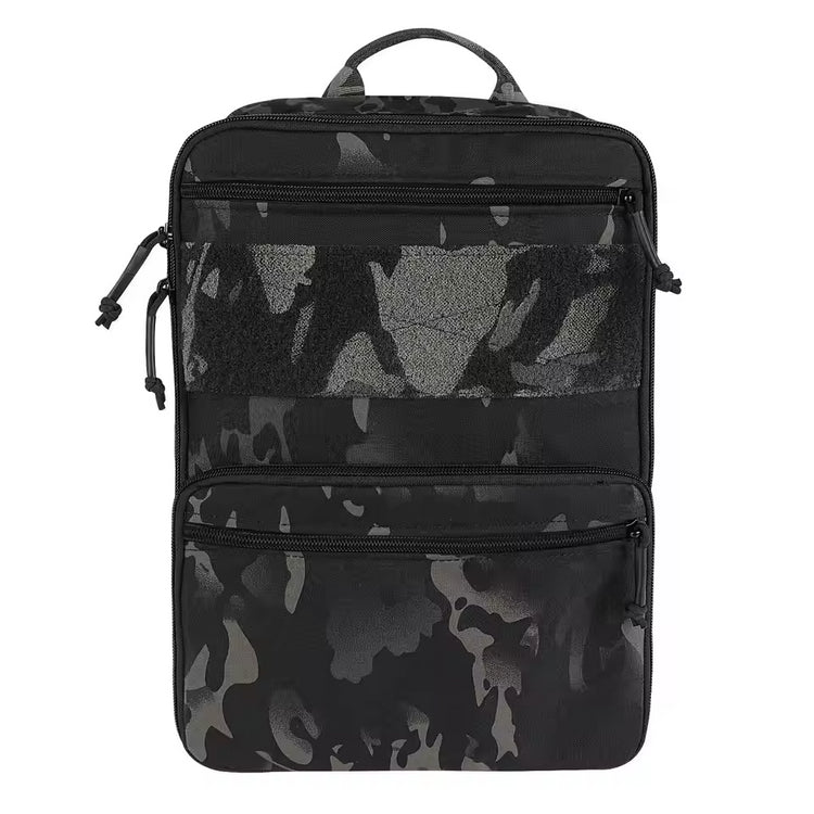 Black camouflage backpack on a white background