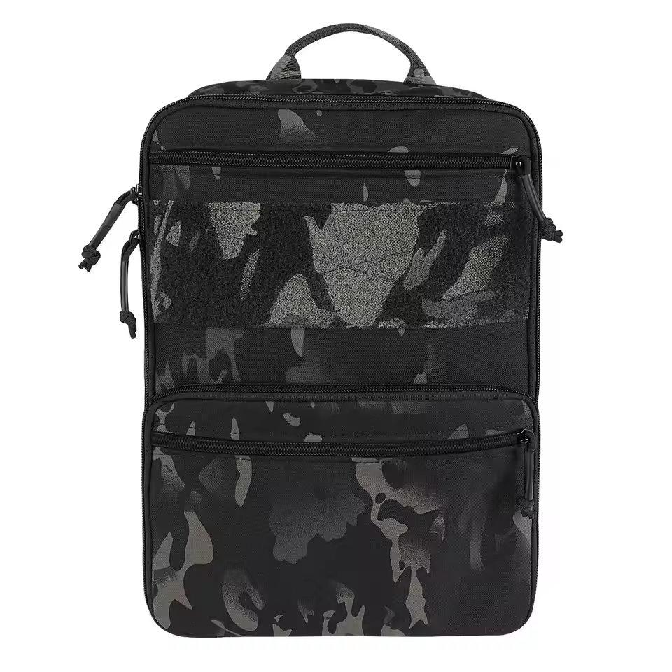 Black camouflage backpack on a white background