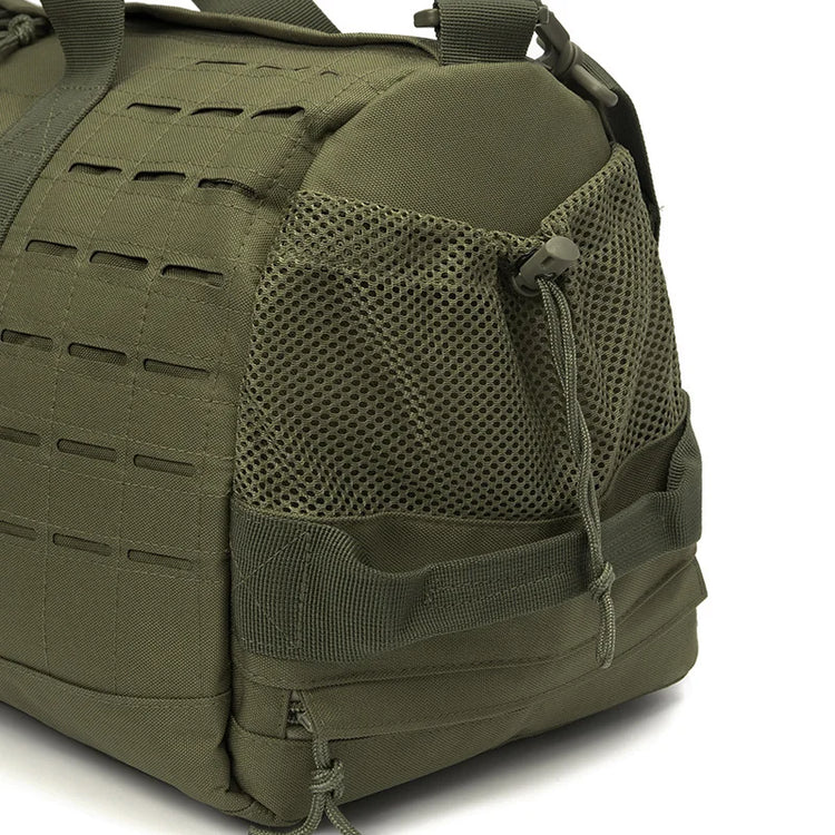 Green tactical bag with mesh pocket on a white background