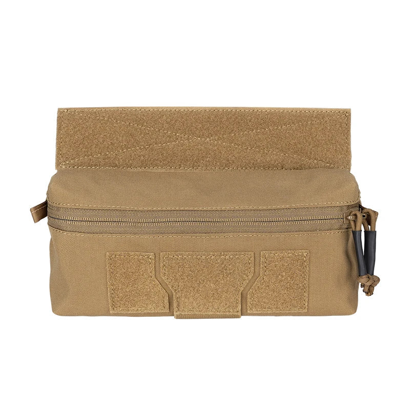 Tan tactical pouch with multiple pockets and a zipper on a white background.