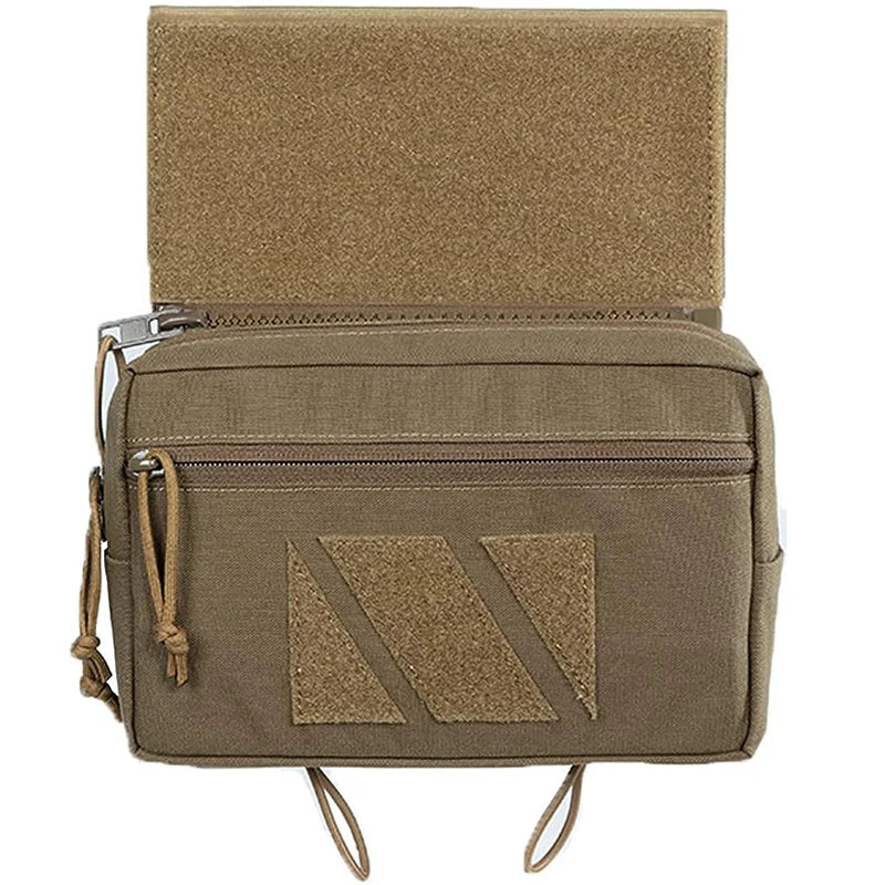 Tactical pouch with multiple compartments and a patch on a white background