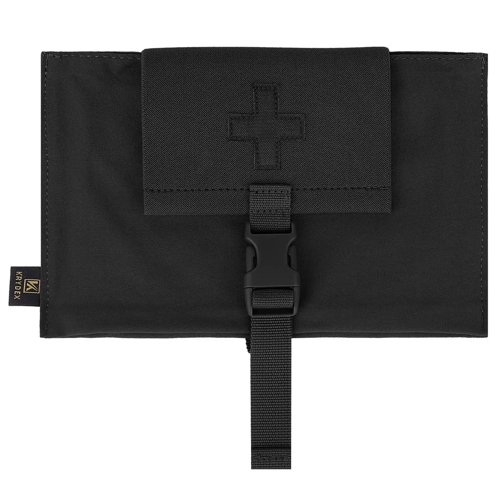 Black tactical pouch with a cross patch and strap on a white background