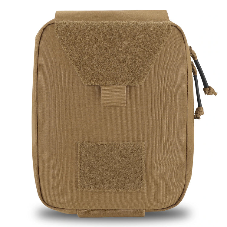 Tan tactical pouch with a patch on a white background