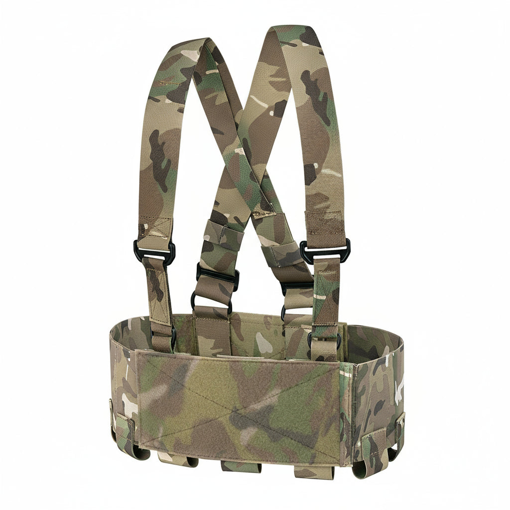 A camouflage chest rig with multiple pockets and adjustable straps.