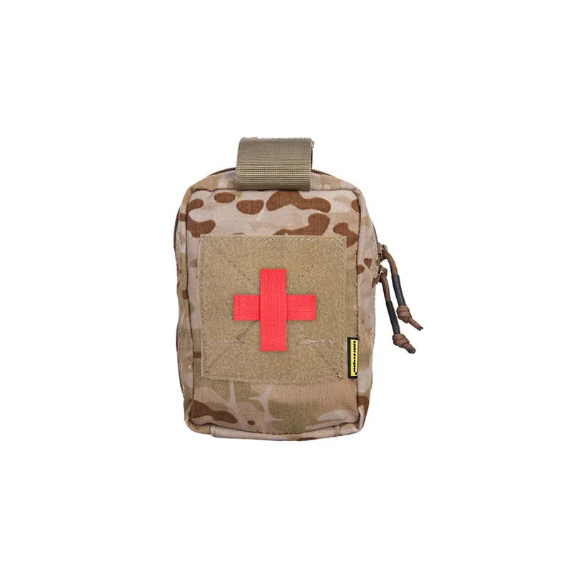 Camouflage medical pouch with red cross on a white background