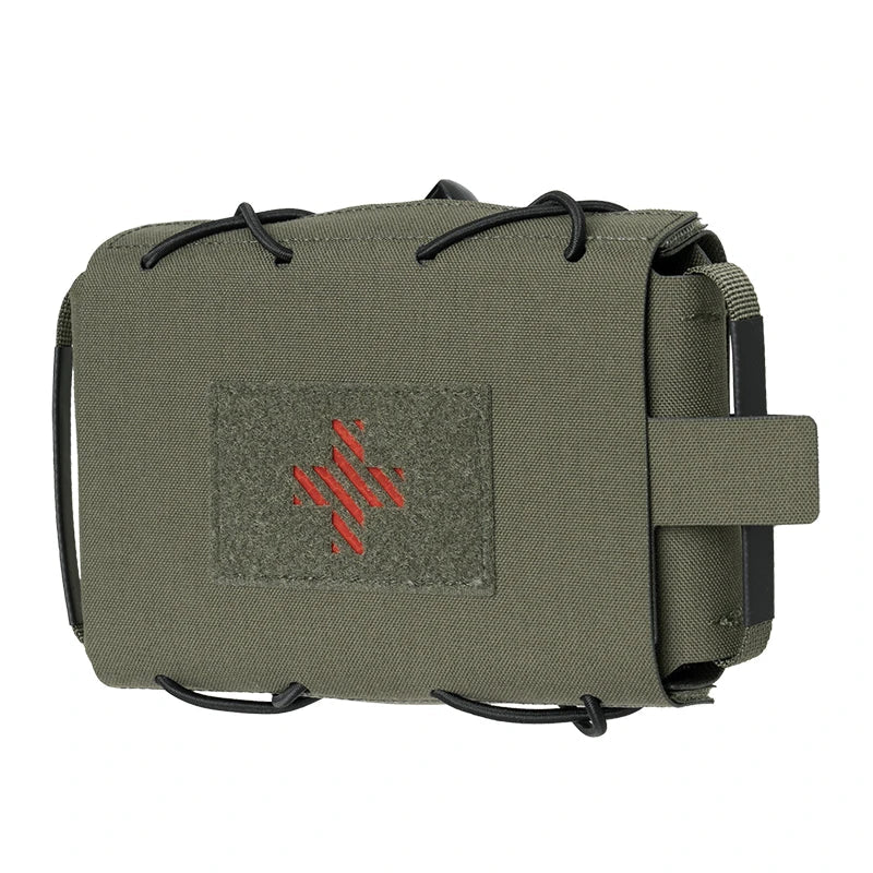 Green tactical pouch with red cross on a white background.