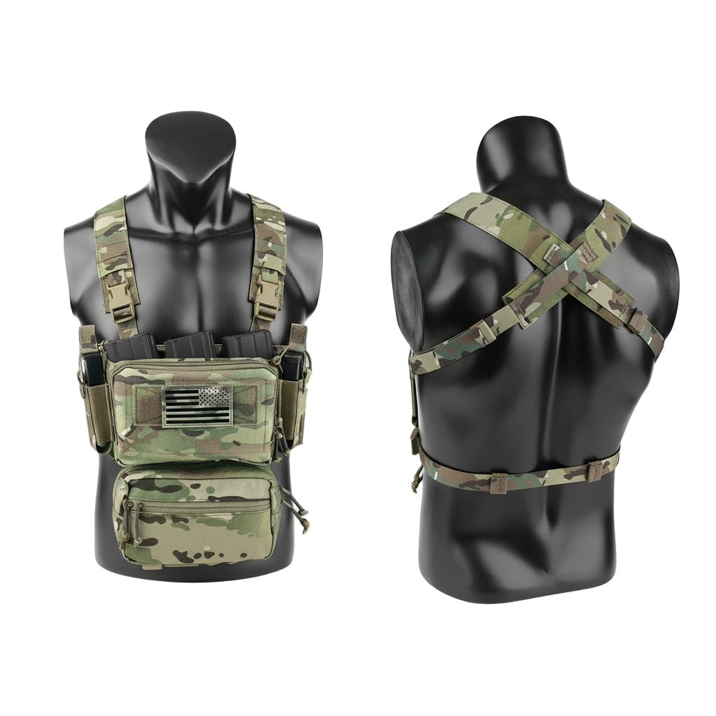 Multicam tactical vests on mannequins showing the front and back of the chest rig with a white background