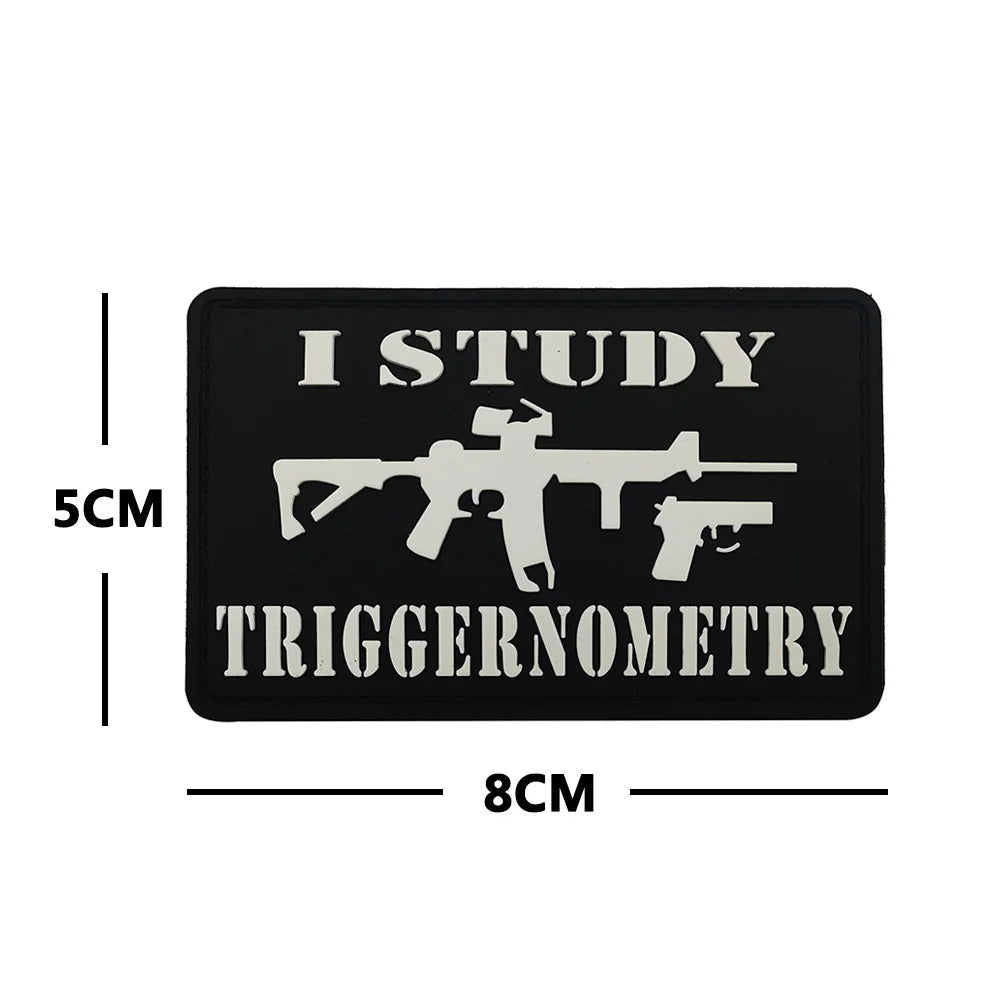 PVC luminous patch with text 'I Study Triggernometry' and measurements on a white background