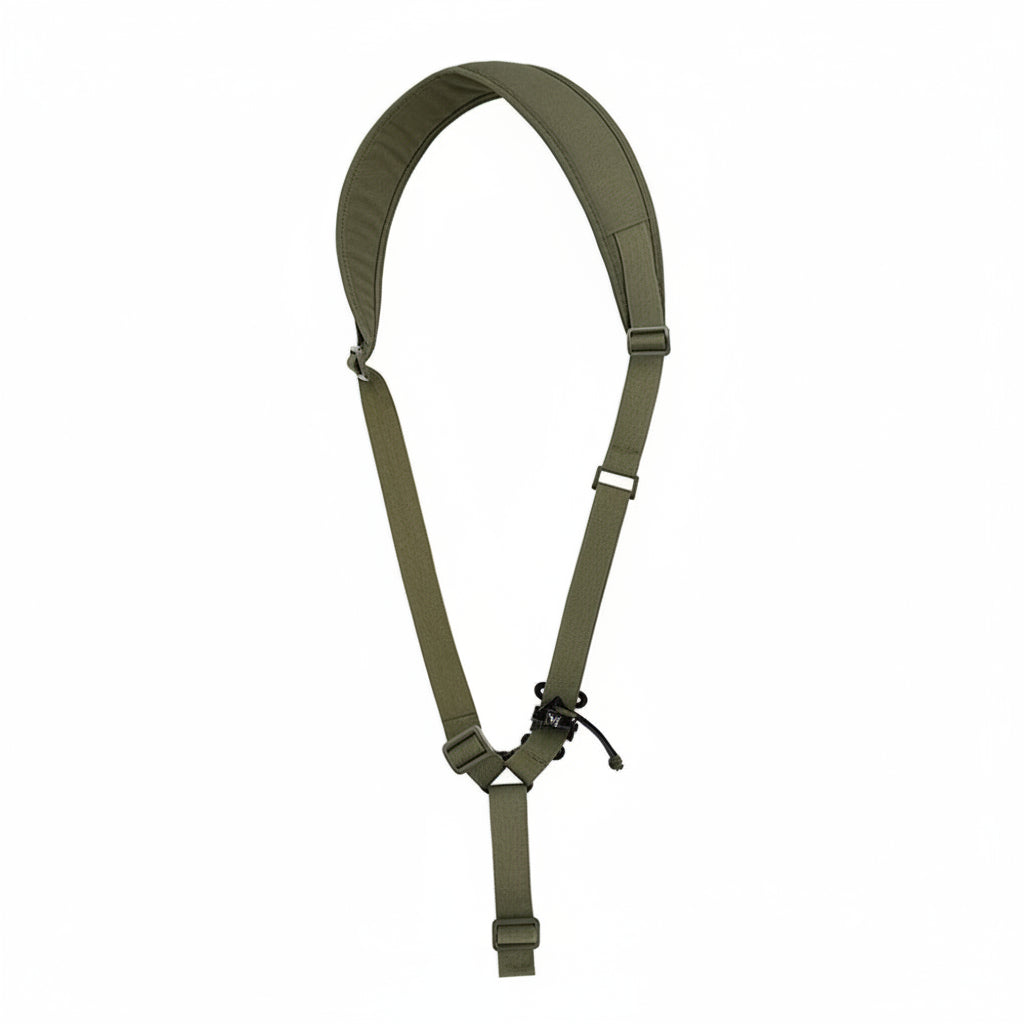 Green tactical shoulder strap on a white background