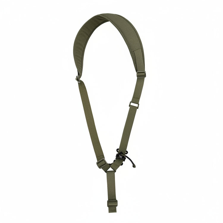 Green tactical shoulder strap on a white background
