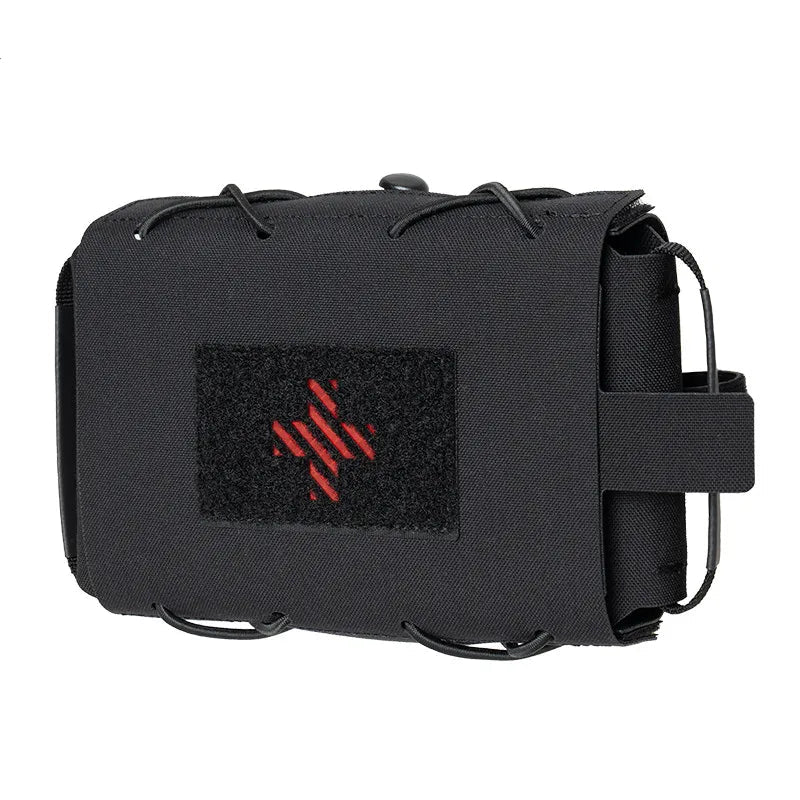 Black tactical pouch with a red logo on a white background