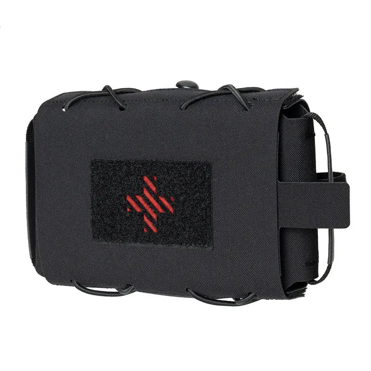 Black tactical pouch with a red logo on a white background