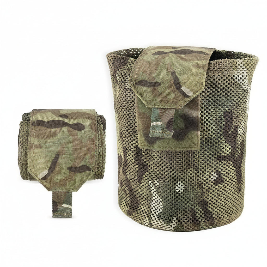 A multicam camouflage Mesh Dump Pouch with a foldable design, compatible with MOLLE and Belt Drop systems, is displayed alongside its compact folded version.