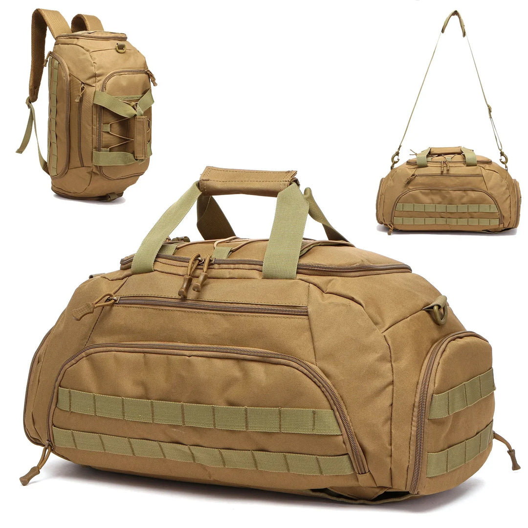 Tan brown duffel bag showing 3 in 1 system backpack and smaller bag on a white background