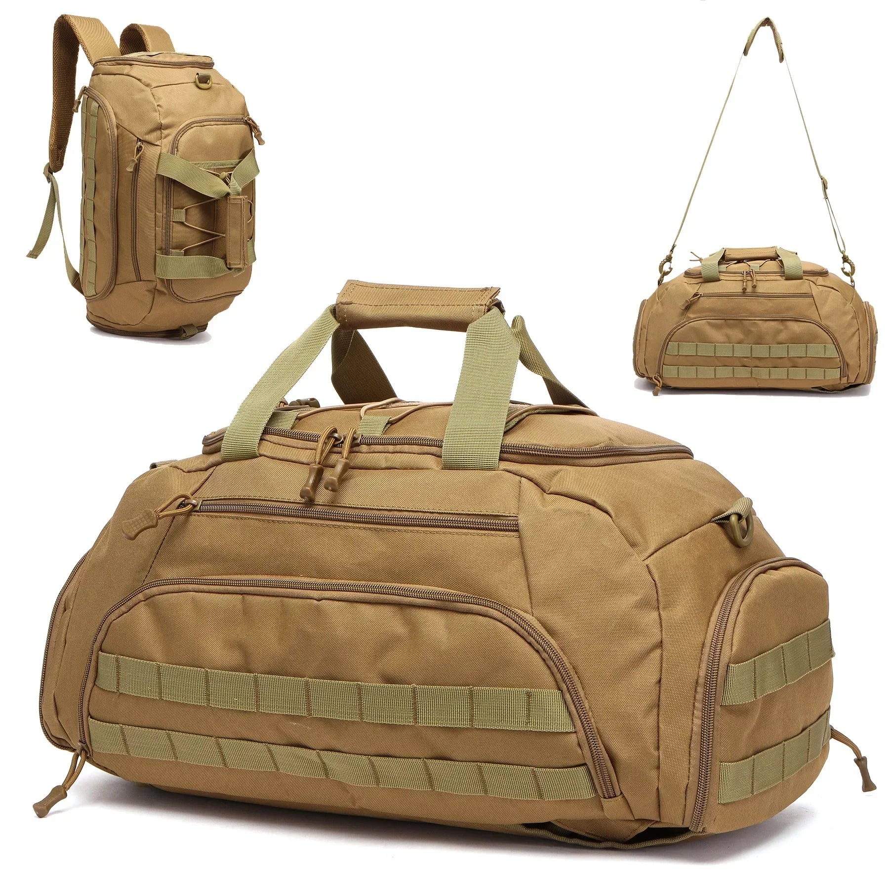 Tan brown duffel bag showing 3 in 1 system backpack and smaller bag on a white background