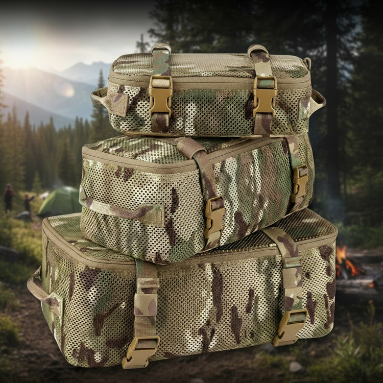 Stack of camouflage bags with outdoor scenery in the background