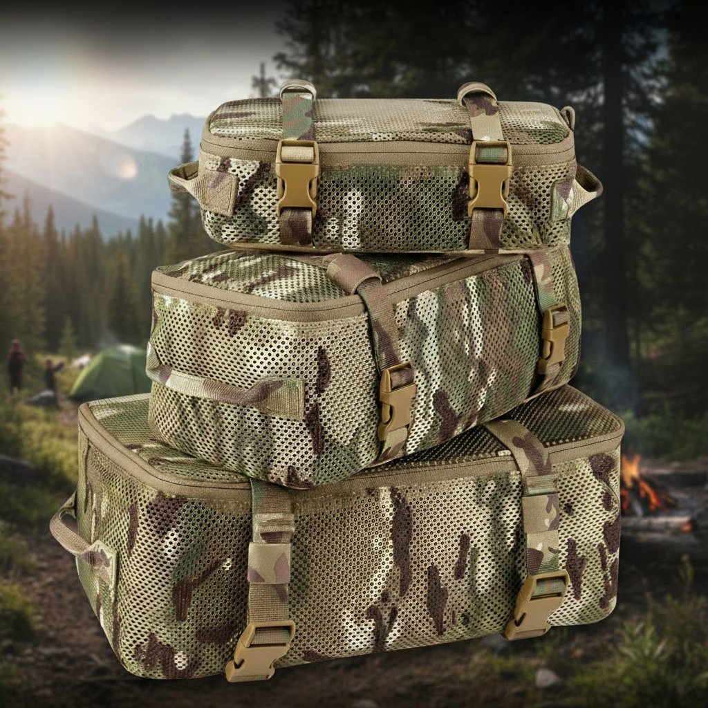 Stack of camouflage bags with outdoor scenery in the background