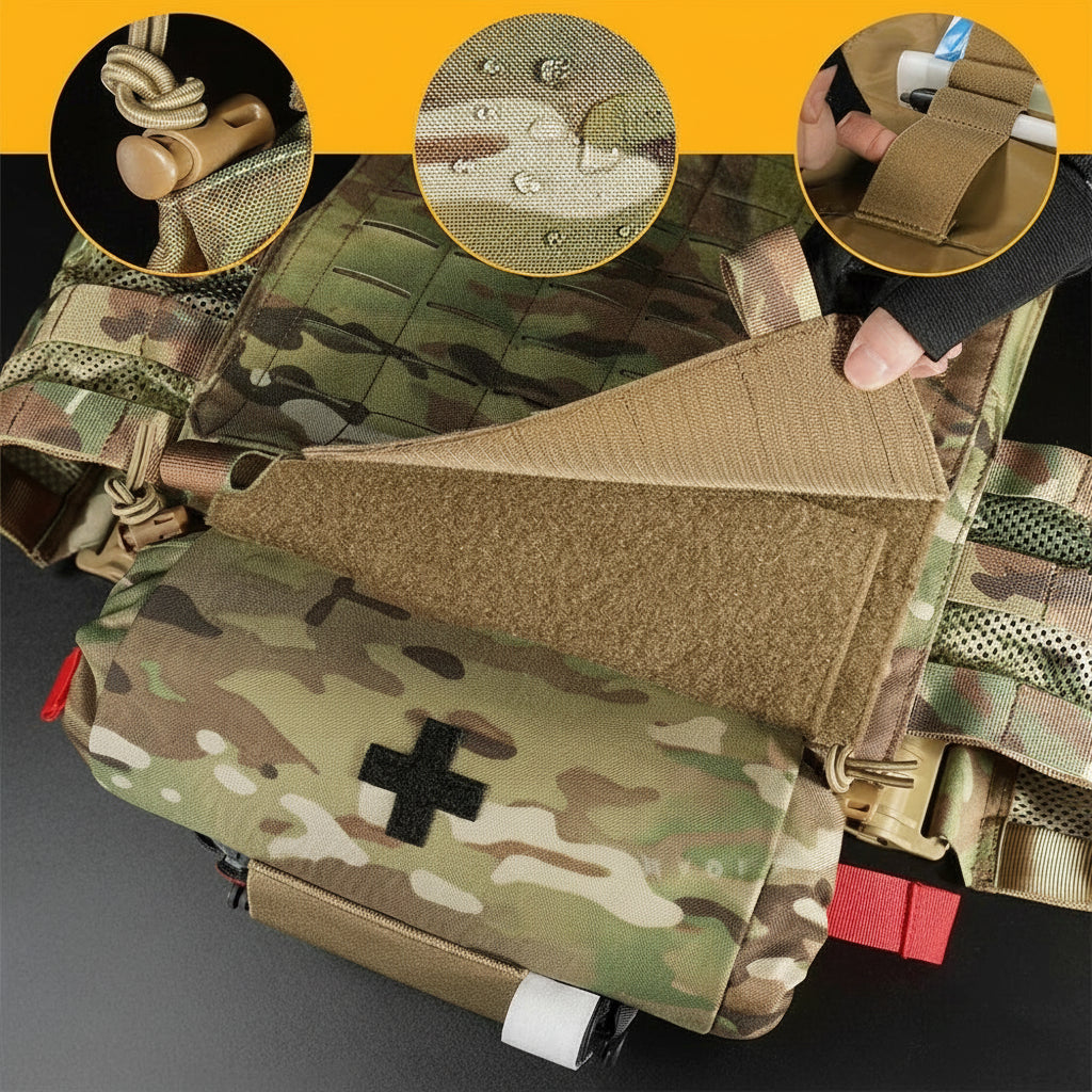 Multicam tactical Roll Up IFAK Pouch with close-up details on a yellow and black background