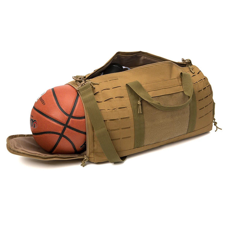 Tan duffel bag with a basketball inside on a white background