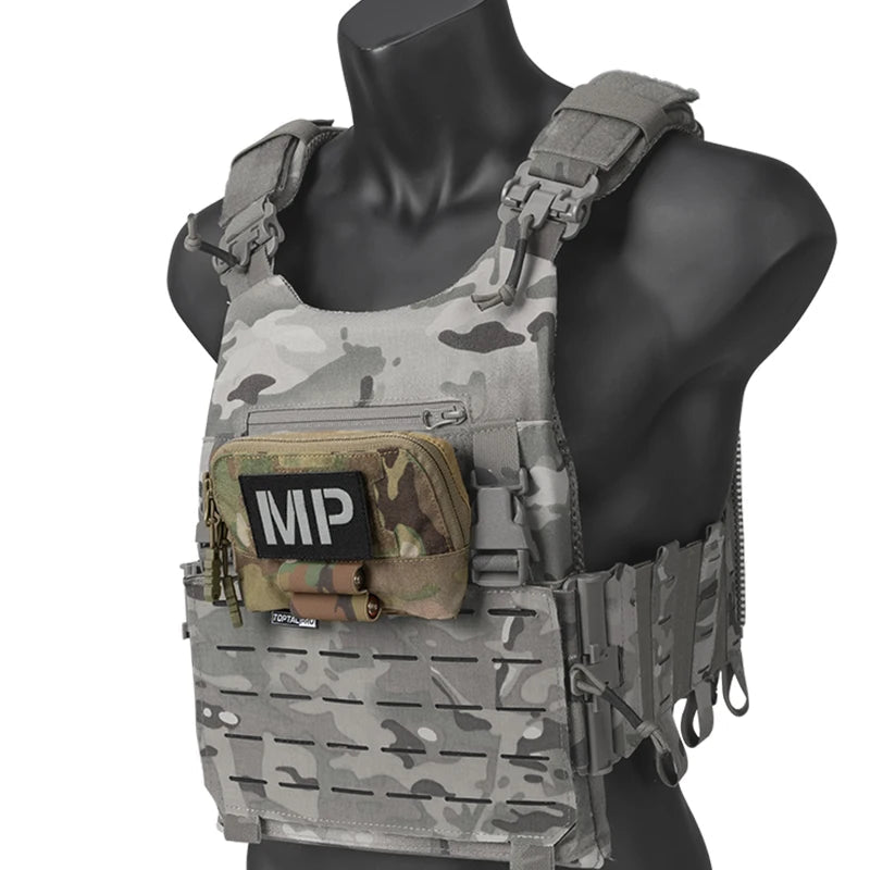 Camouflage tactical vest with 'MP' patch on a mannequin