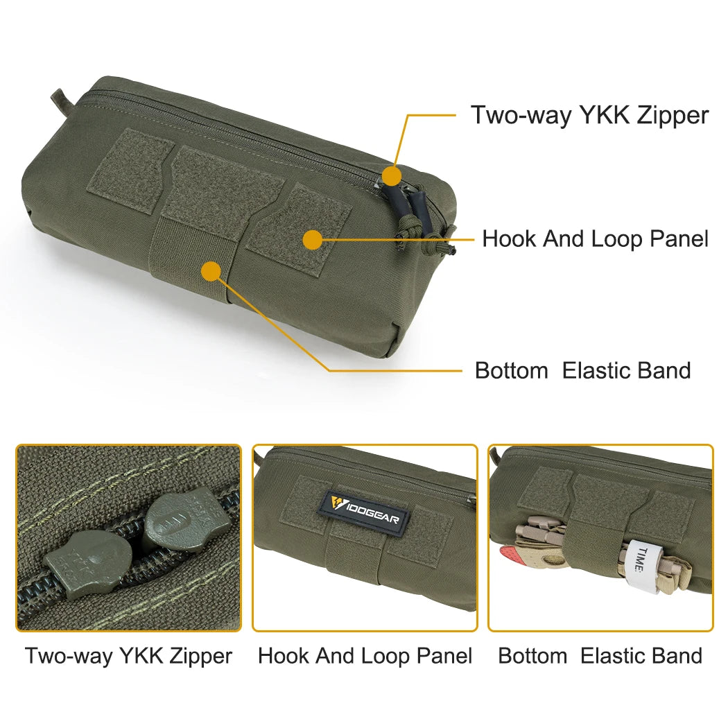 Green pouch with labeled features on a white background