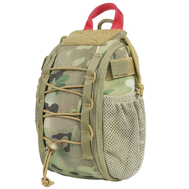 Camouflage tactical pouch with red handle on a white background