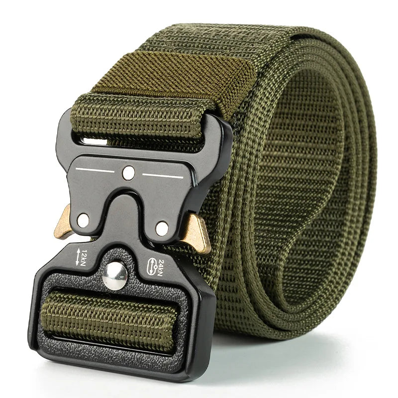 Green tactical belt with a black buckle on a white background