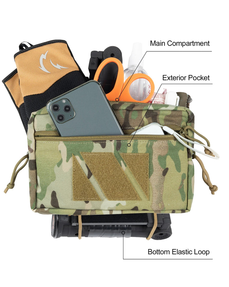 Camouflage pouch with labeled compartments and items on a white background