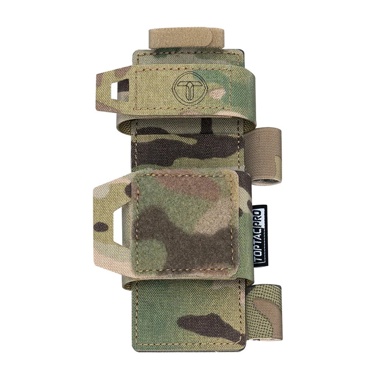 Camouflage tactical pouch with multiple straps on a white background