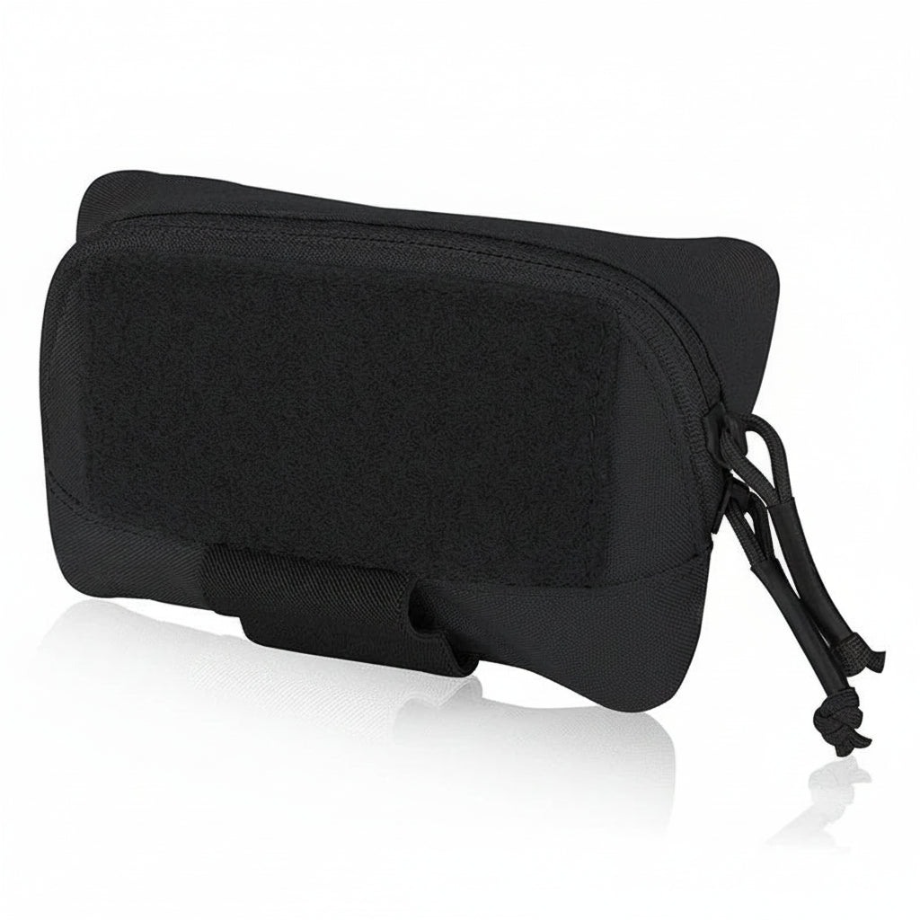 Black military travel pouch with a drawstring on a white background