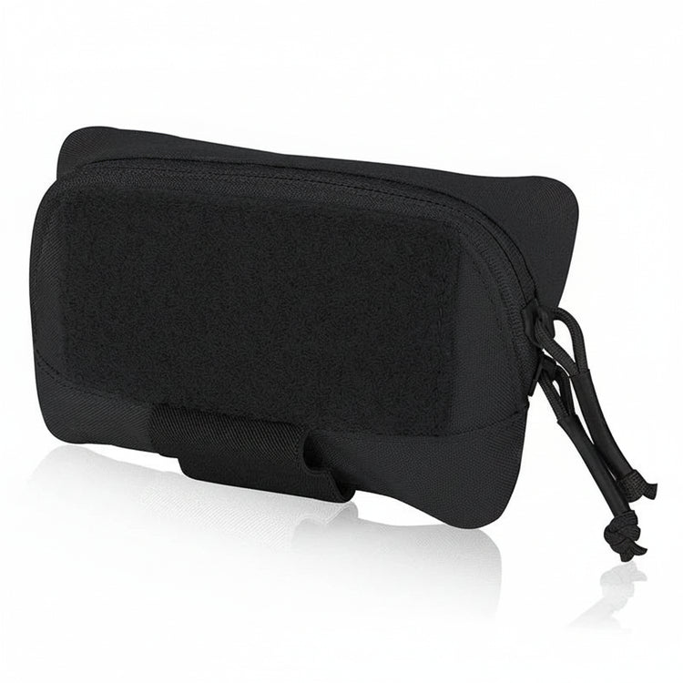 Black military travel pouch with a drawstring on a white background