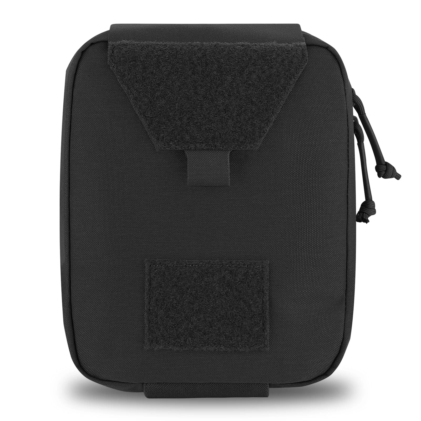 Black tactical pouch with a flap and patch on a white background