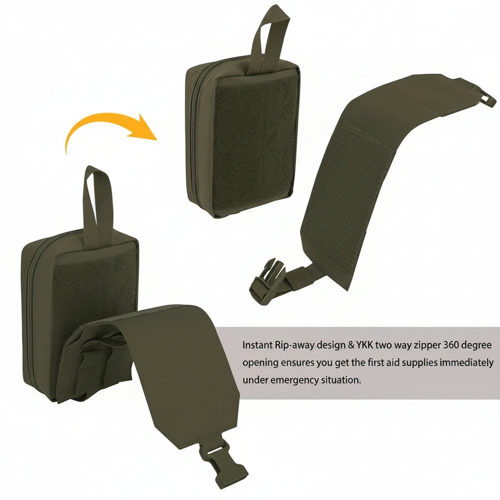 Green first aid kit with strap showing rapid tare away feature on a white background