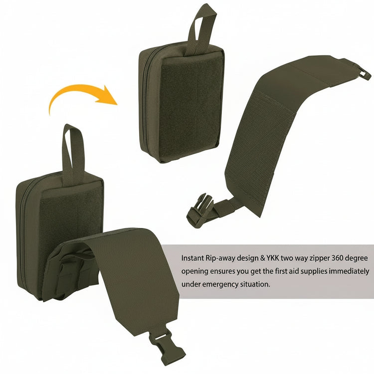 Green first aid kit with strap showing rapid tare away feature on a white background