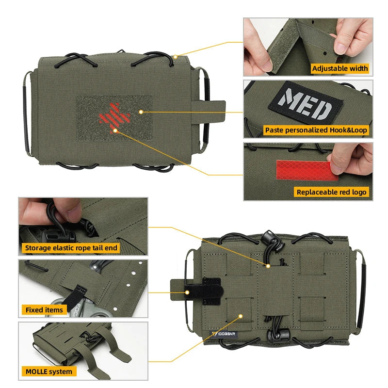 Green tactical pouch with various features highlighted, including adjustable width, customizable labels, and MOLLE system.