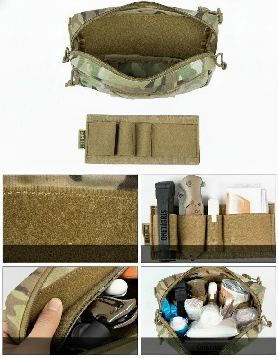 Multicam pouch with various compartments and attachments on a white background
