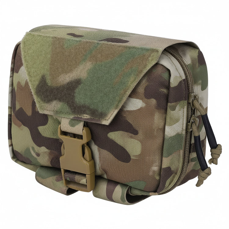 A camouflage-patterned Tear Off Aid Pouch