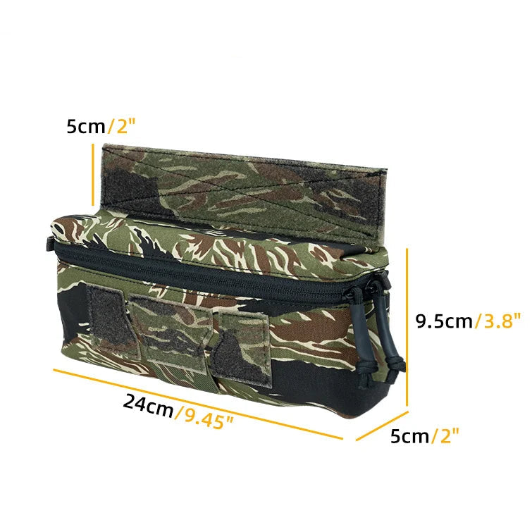 Camouflage pouch with dimensions and weight information on a white background