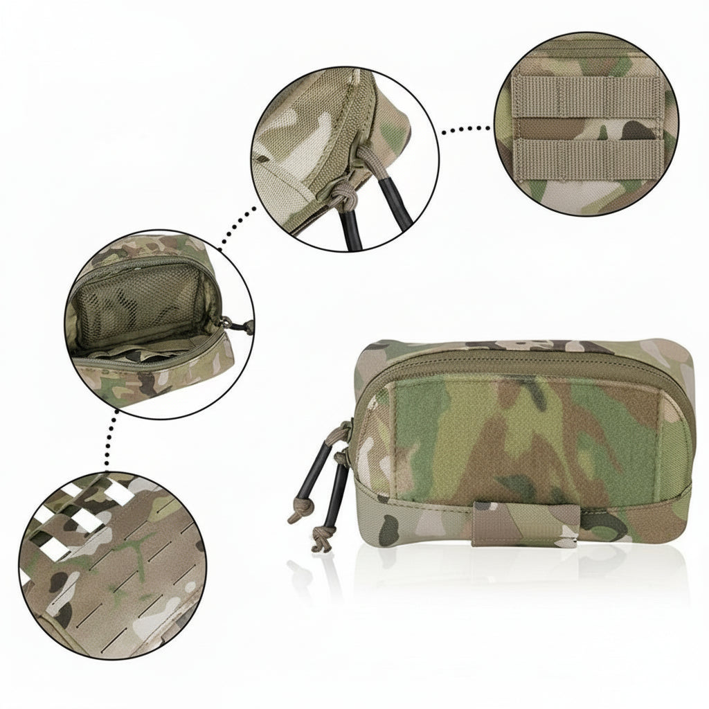 Camouflage pouch with detailed views on a white background