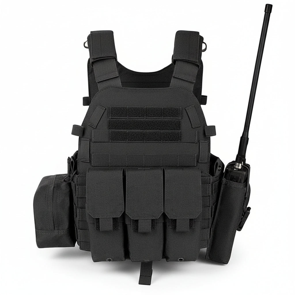 Black tactical vest with pouches and a radio on a white background