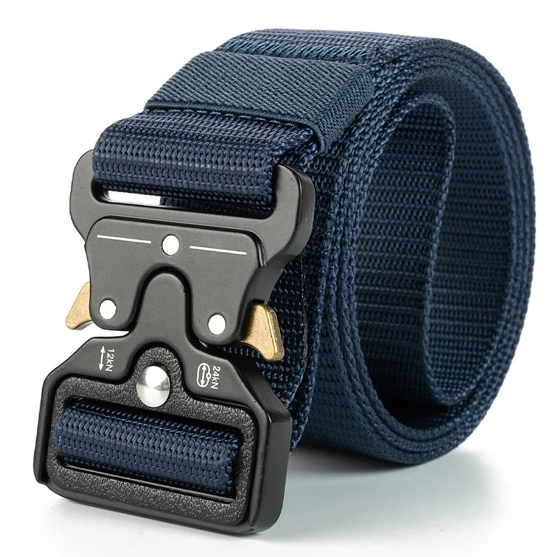 Navy blue belt with a black buckle on a white background