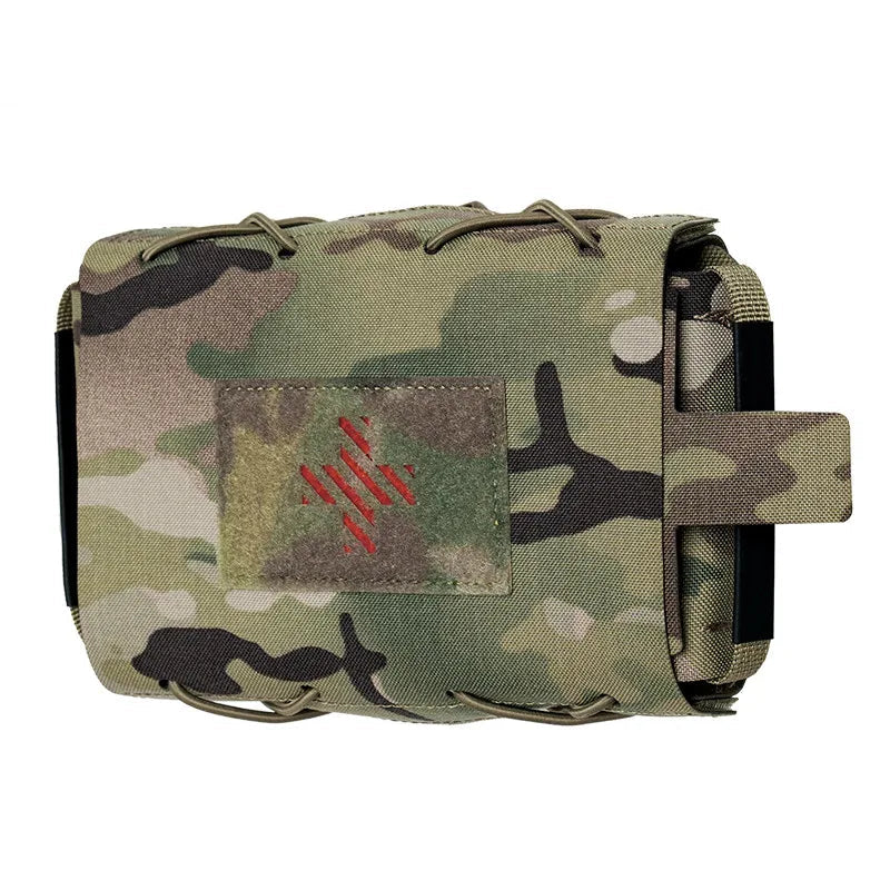Camouflage bag with a red logo on a white background
