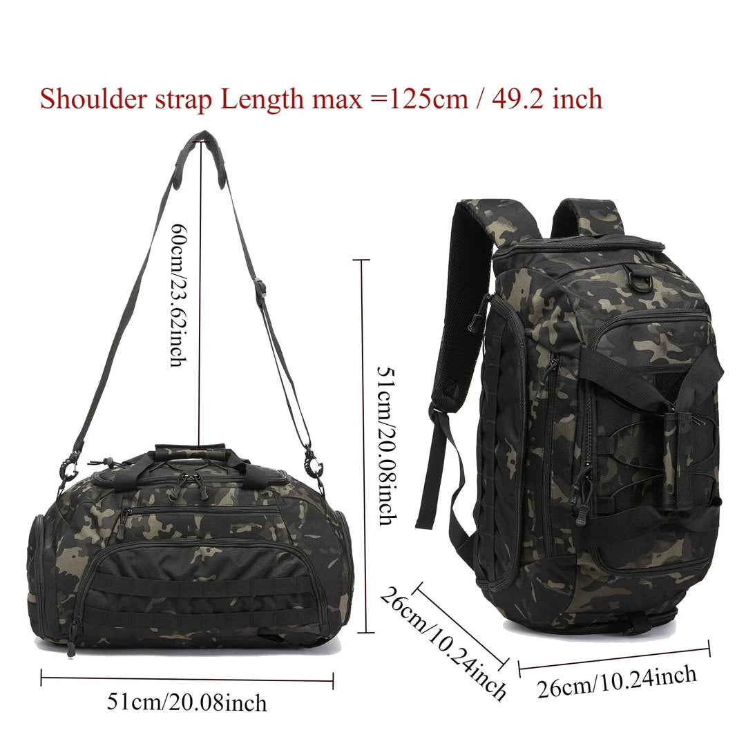 Camouflage backpack and duffel bag with measurements on a white background