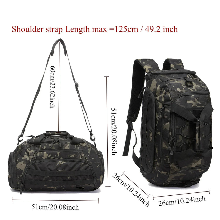 Camouflage backpack and duffel bag with measurements on a white background